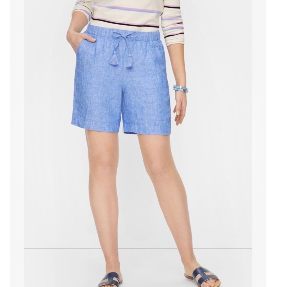 Talbots Blue Drawstring Washed 100% Linen Shorts Pockets 5" Women's 1X Petite